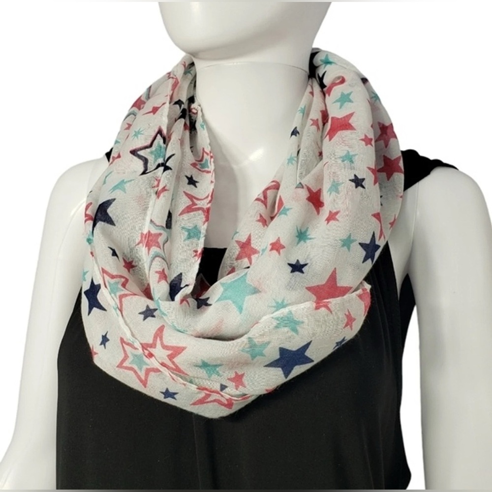 Self Esteem Red White & Blue Star Print Sheer Mesh Infinity Scarf – 29” USA